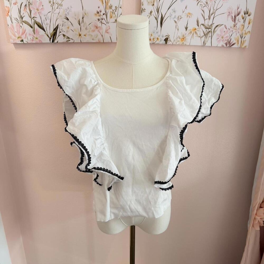 Marc New York Ruffle Sleeve Top | White Black Trim Coquette Blouse | Size S